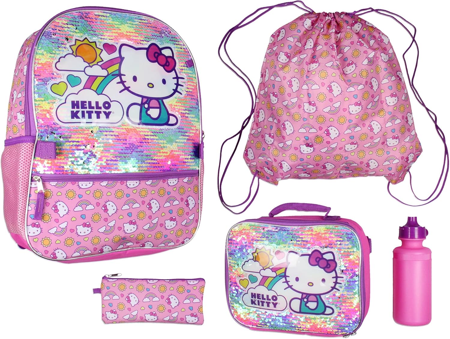 81EZYfQ-L7L._AC_SL1500_.jpg Sanrio Hello Kitty Travel Backpack Neon Rainbows Magic Sequins 5 Piece Set Lunch Bag Cinch Bag Gadget Case Water Bottle