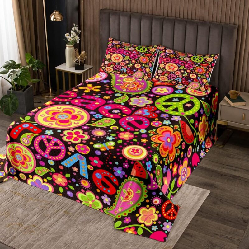 70s Groovy Flower Bedspread Vintage Paisley Peace Sign Quilted,Adults 60s Flower Power Coverlet Set Rural Mushroom Twin Quilt Set,Women's Halloween 1960's 1970's Hippie Disco Indie Room Decor