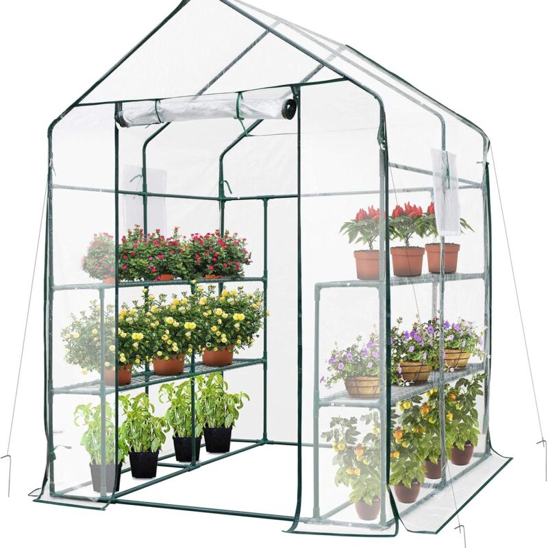 VIVOSUN 57x57x77-Inch Transparent Mini Walk-in Green House with Window and Anchor, Plant Garden Hot House 2 Tiers 8 Shelves, 4.7 x 4.7 x 6.4 FT