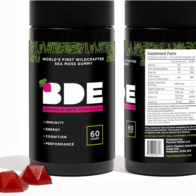 BDE Wildcrafted Sea Moss Gummy Maca Root, Beets, Lions Mane Mushroom, Vitamin D + E - Vegan Collagen, Zinc & Detox, Gut Health - 60 Count
