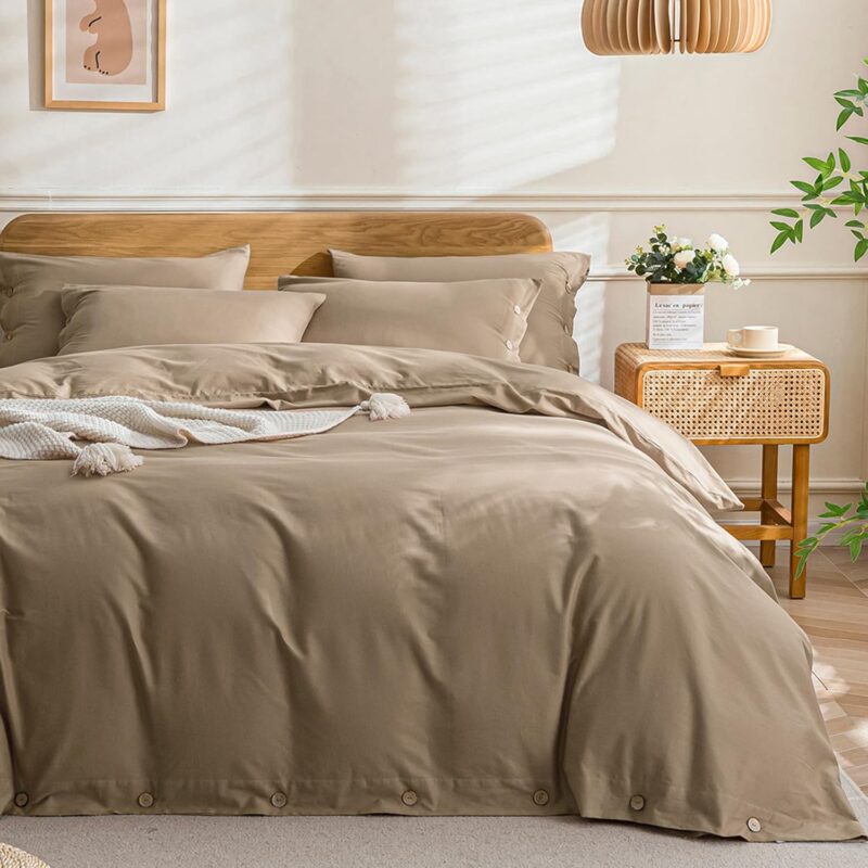 JELLYMONI Cotton Duvet Cover Queen Size - Khaki Comforter Cover with Button 100% Washed Cotton 3PCS Breathable Soft Solid Bedding Set Duvet Cover 90×90in & 2 Pillowcases (NO Comforter)