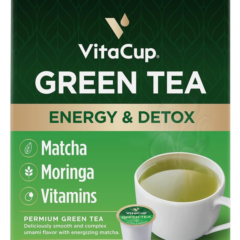 VitaCup Green Tea Pods, Enhance Energy & Detox with Matcha, Moringa, B Vitamins, D3, Keto, Paleo, Vegan, Recyclable Single Serve Pod, Compatible with Keurig K-Cup Brewers,64 Ct