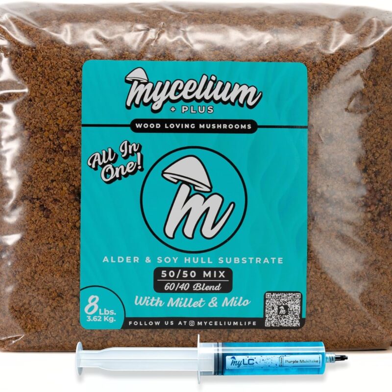Mycelium Mushroom Growing Kit, Purple Mukitake Gourmet I Alder & Soy Hull Substrate I High Yield Proprietary Mix I Sterile Grow Bag with Liquid Culture Syringe for Starter & Pro Home Growers, 8lbs