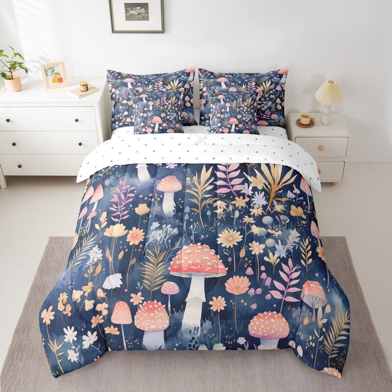Feelyou Cartoon Mushrooms Bed Set Full Size Cute Mushroom 7 Pieces Bedding Set Girls Children Botanical Mushroom Bedding Sets Includes Comforter, Sheet Set, Pillowcases & Pillow Covers Set