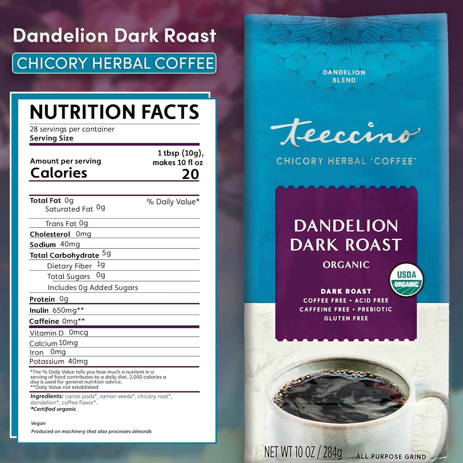 81MGyVPsoKL._SL1500_.jpg Teeccino Dandelion Dark Roast Herbal Coffee - Caffeine-Free Coffee Alternative with Prebiotics, Gluten Free, Acid Free, Organic - 10 oz (Pack of 3) - Image 2