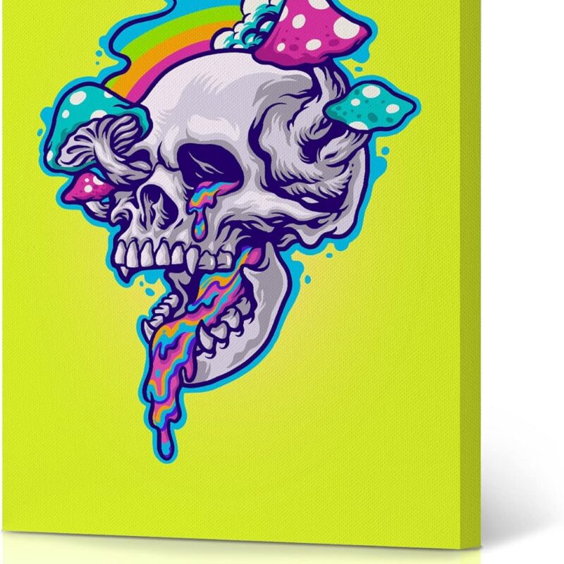 HB Art Design Skull with Magic Mushrooms Psychedelic Trippy Smoke Weed Canvas Wall Art Print Living Room Bedroom Man Cave Marijuana Cannabis Hemp Hippie Decor Stoner Gift Ready to Hang 22x15