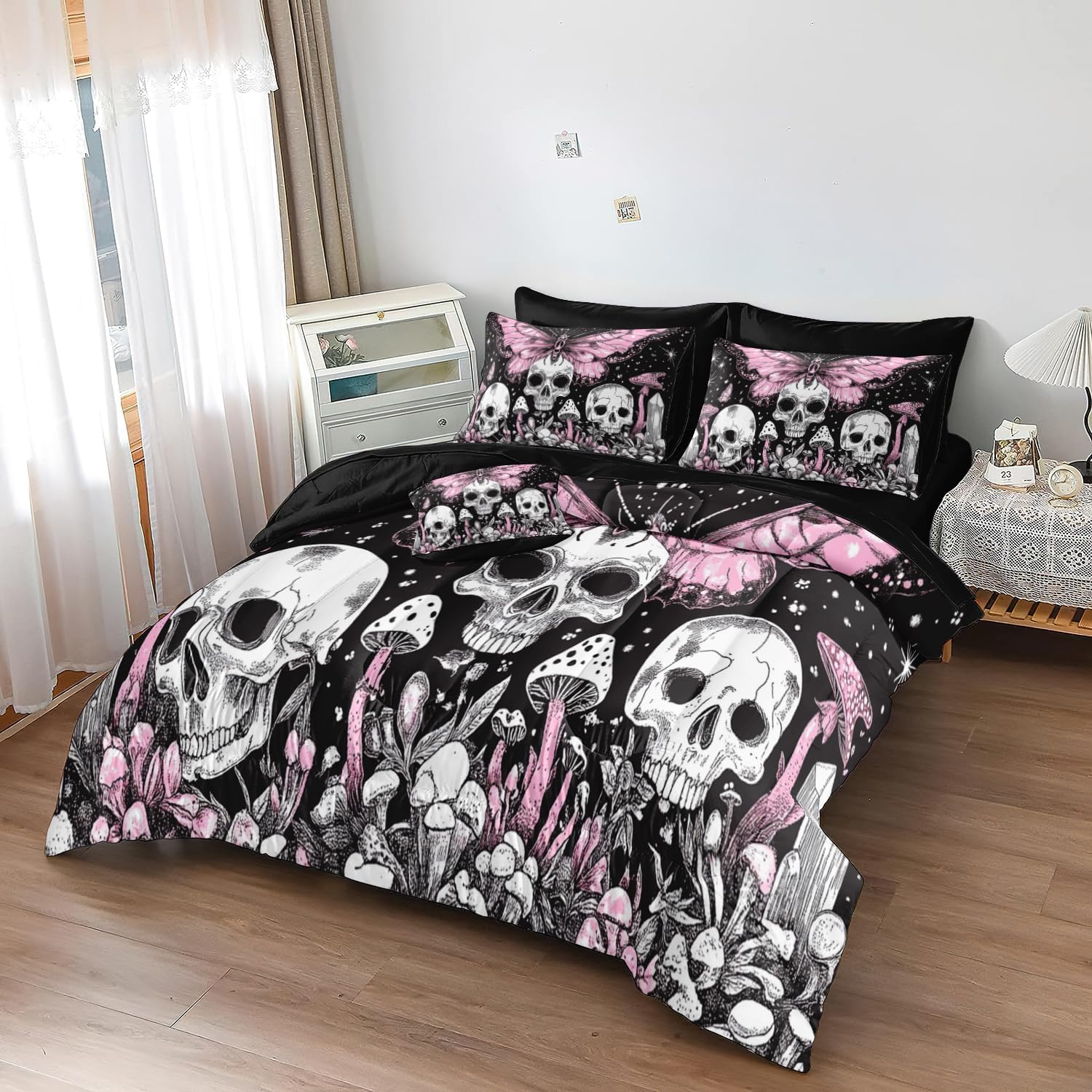 81Q4mfYo2fL._AC_SL1500_.jpg MUGINYU Sugar Skull Comforter Set Queen Size Pink Mushroom 8 Pieces Bed in a Bag Gothic Starry Butterfly Bedding Set with 1 Comforter, 4 Pillowcases, 1 Flat Sheet, 1 Fitted Sheet, 1 Cushion Cover - Image 6