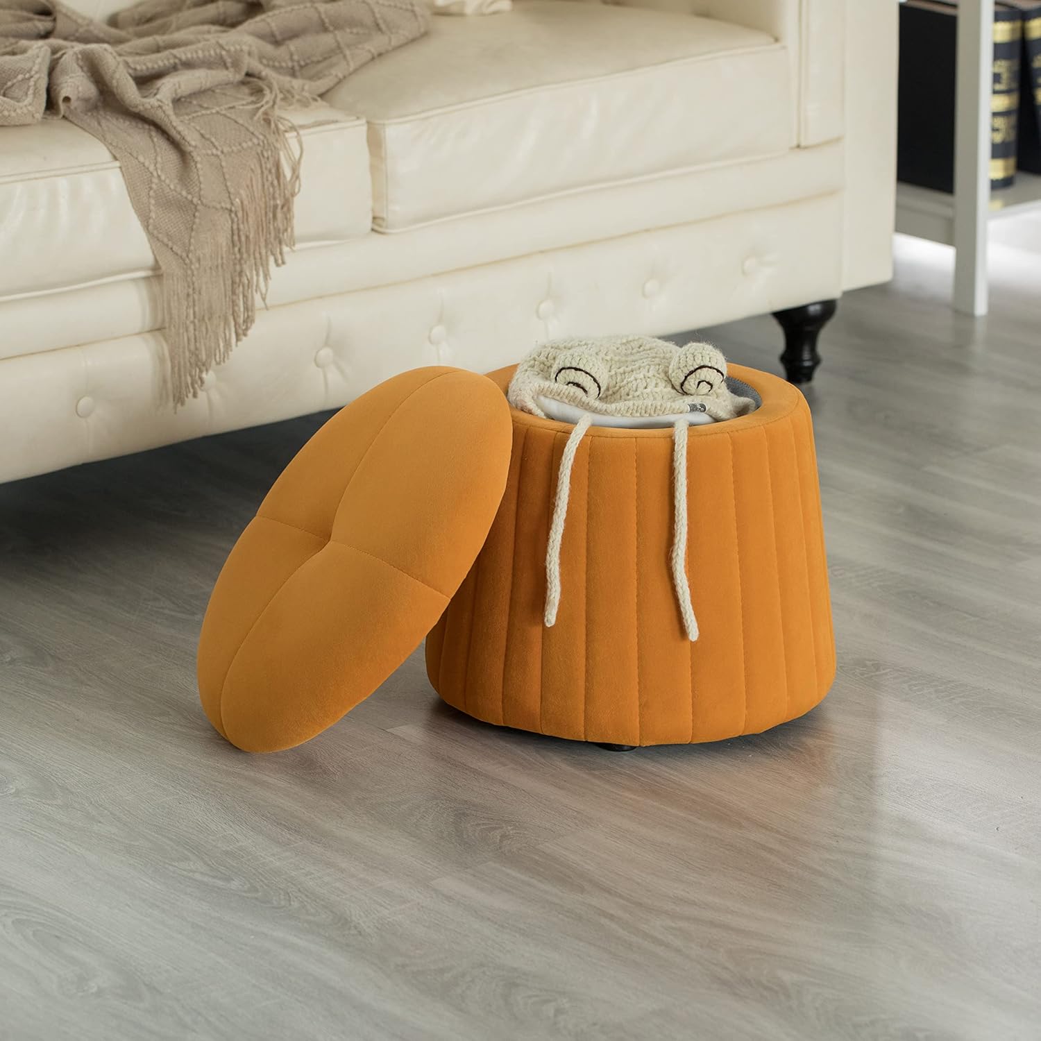81TD91nf7gL._AC_SL1500_.jpg Fabulaxe Modern Tufted Velvet Mushroom Shape Storage Ottoman Storage Stool Trunk, Mustard Yellow - Image 7