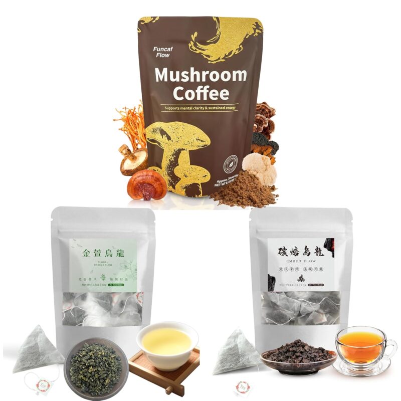 Funcafflow 3-in-1 Wellness Bundle: Charcoal Roasted Oolong + Milky Oolong + Mushroom Coffee (20pk+20pk+30servings) - Flavor Variety & Energy-Immune Support