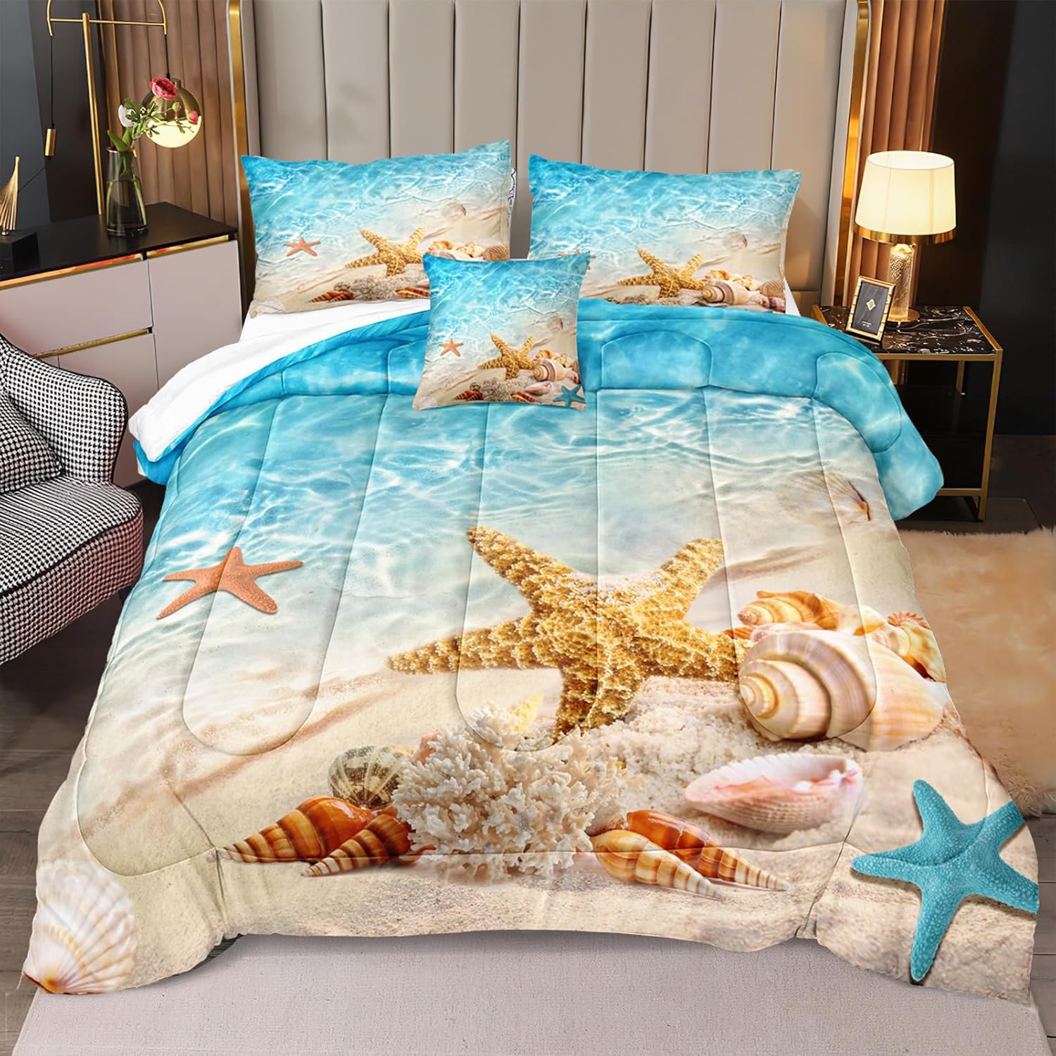 81V5lK5WXxL._AC_SL1500_.jpg Bedbay Beach Theme Comforter Set Queen Size Coastal Bedding Comforter Set Marine Life Turquoise Ocean Starfish Comforter Queen Bedding Quilt Set Soft Microfiber 3 Pcs(Aqua,Queen) - Image 6