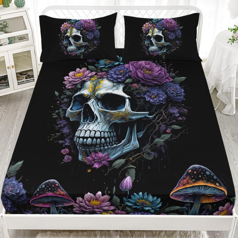AILONEN Sugar Skull Fitted Sheet Set Queen Size, Botanical Floral Skull Bedding, Mystic Mushroom Bedsheet 3 Pieces, 1 Fitted Sheet and 2 Pillowcases