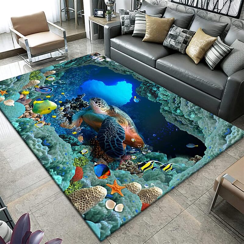 Blue Sea Turtle Nautical Map Area Rug, Ocean Animal Print Non-Slip Rugs