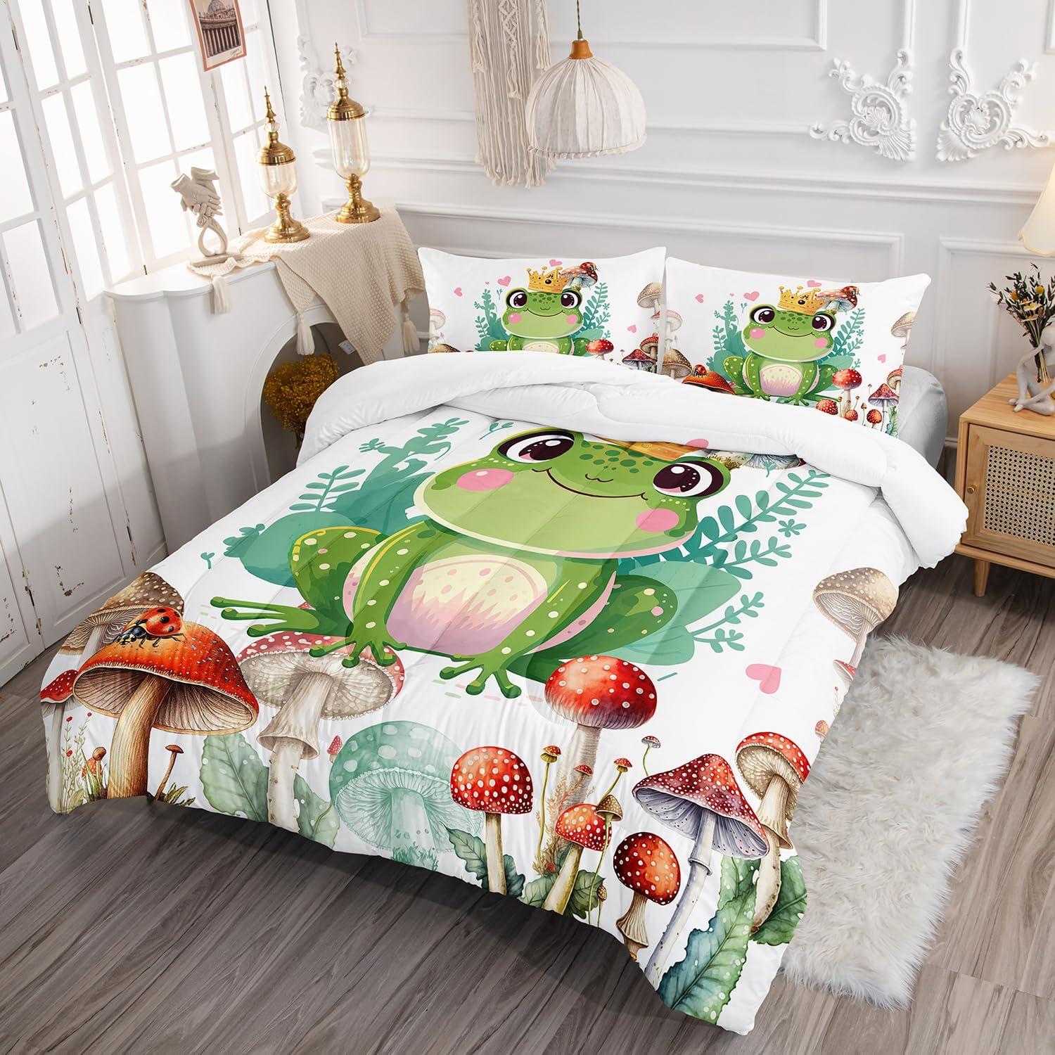81YpZh8I7L._AC_SL1500_.jpg AILONEN Frog Comforter Set,Frog Mushrooms Comforter Bed in a Bag Bedding Set Twin Size for Teen Boys Kids Girls,Kawaii Amphibious Animal Duvet Set,3 Pieces,1 Comforter + 2 Pillow Shams - Image 2