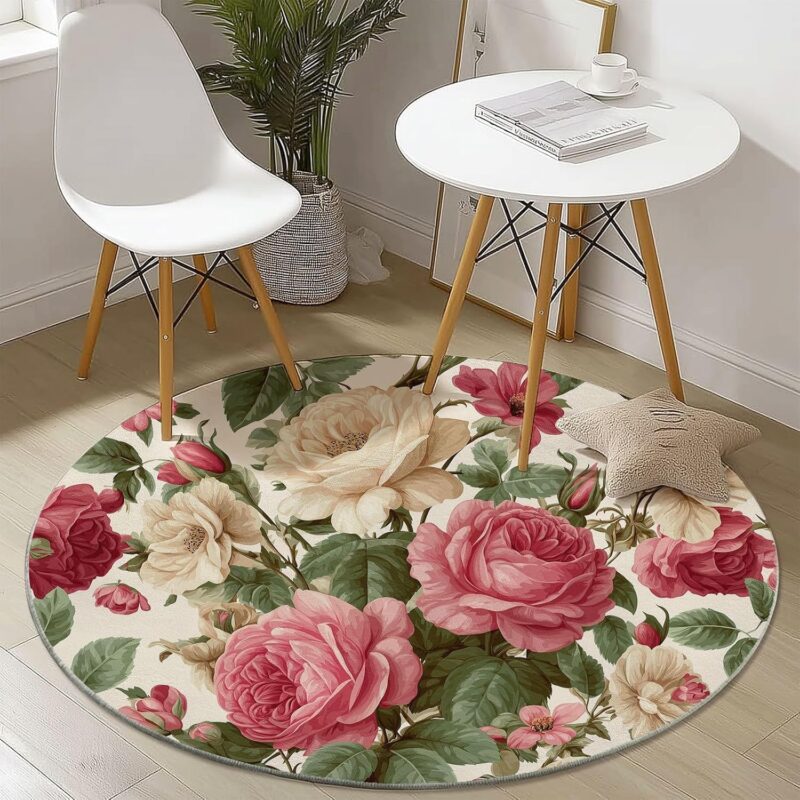 Summer Round Rug 4'x 4' Area Rug, Indoor Circle Washable Cream Floral Flowers Vintage Botanical Soft Print Non Slip Carpet for Living Room Dining Room Bedroom, Pink Decor Small Round Rugs Throw