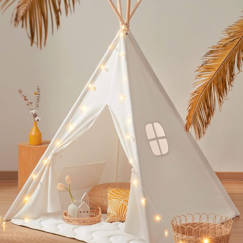 Tiny Land Teepee Tent for Kids – 100% Cotton Play Tent with Padded Mat & Star Lights, Foldable with Carry Bag, Indoor Play Tent for Girls & Boys