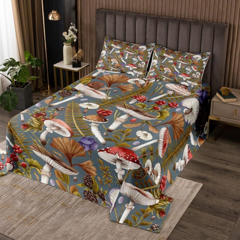 Erosebridal Hippie Mushroom King Quilt Set Brown Red Natural Fungus Coverlet Set, Purple Mushrooms Bedding Set Grey Bedspread Set, Watercolor Botanical Plants Bed Quilt Lightweight