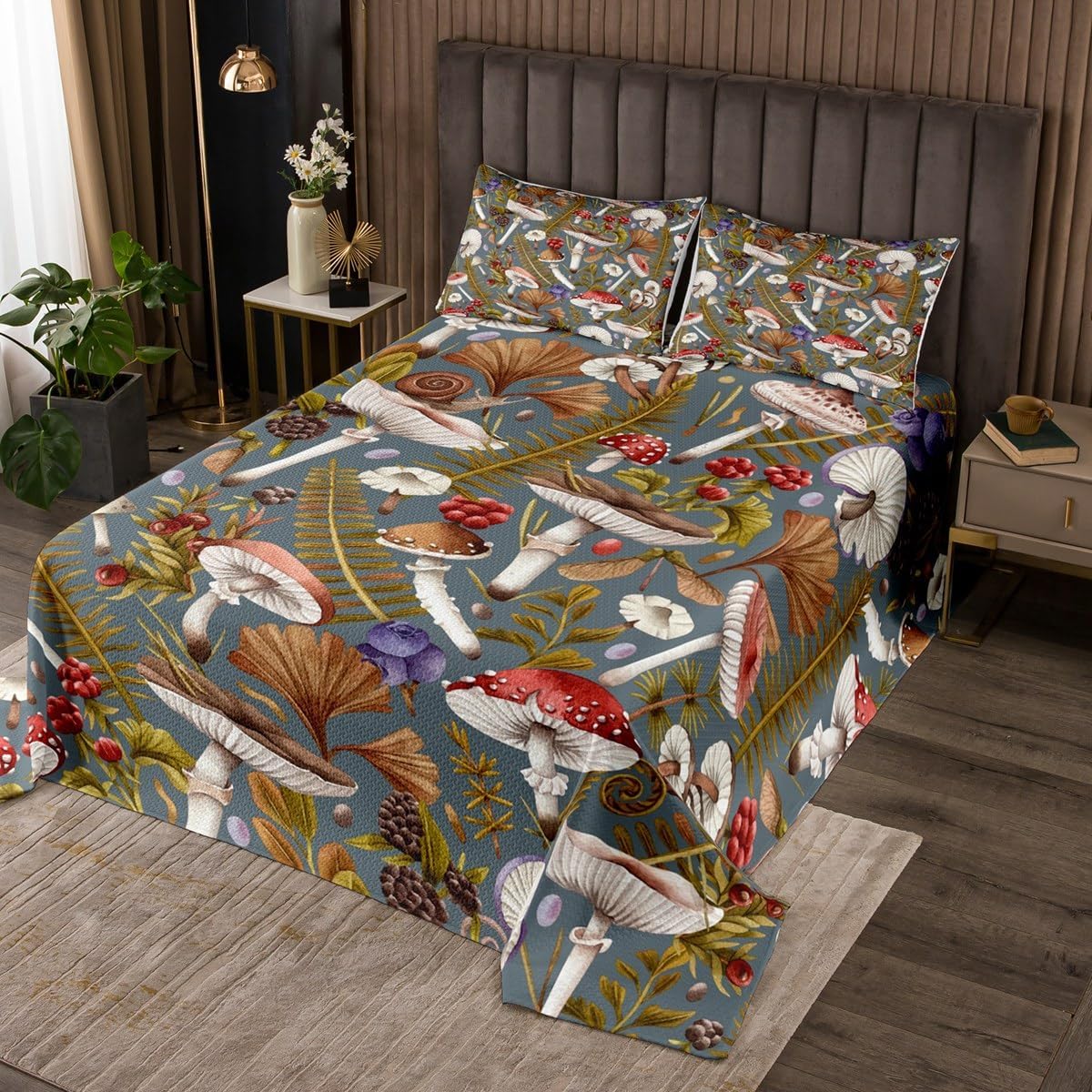 81aebCs10PL._AC_SL1200_.jpg Erosebridal Hippie Mushroom King Quilt Set Brown Red Natural Fungus Coverlet Set, Purple Mushrooms Bedding Set Grey Bedspread Set, Watercolor Botanical Plants Bed Quilt Lightweight