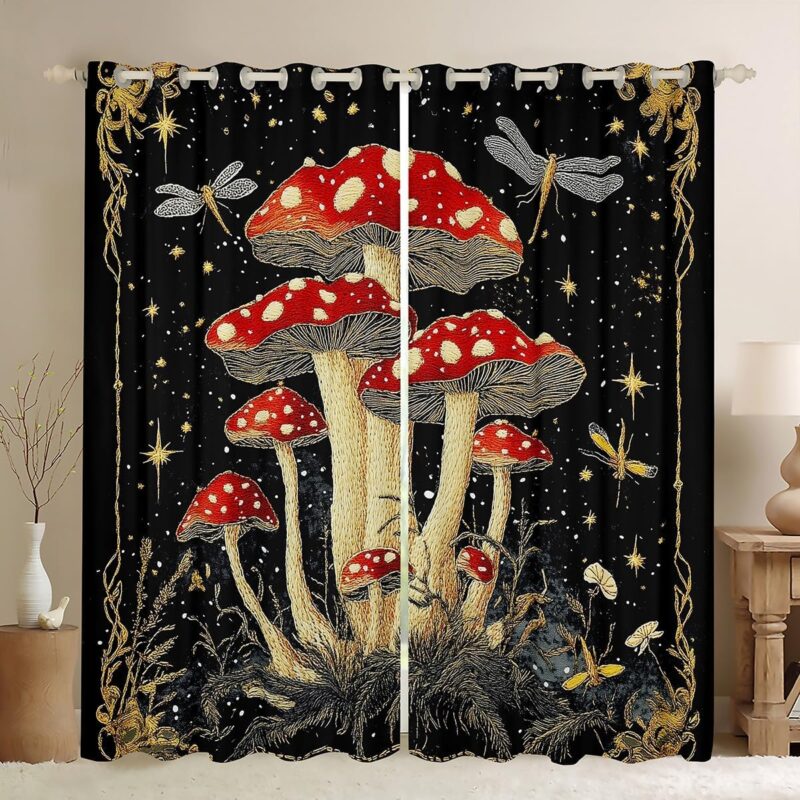 Feelyou Mushroom Decor Darkening Drapes (2 Panels, 52 x 63 Inch) Longleg Mushroom Curtains for Bedroom Living Room Dragonfly 30%-50% Room Darkening Blackout Curtain Botanical Window