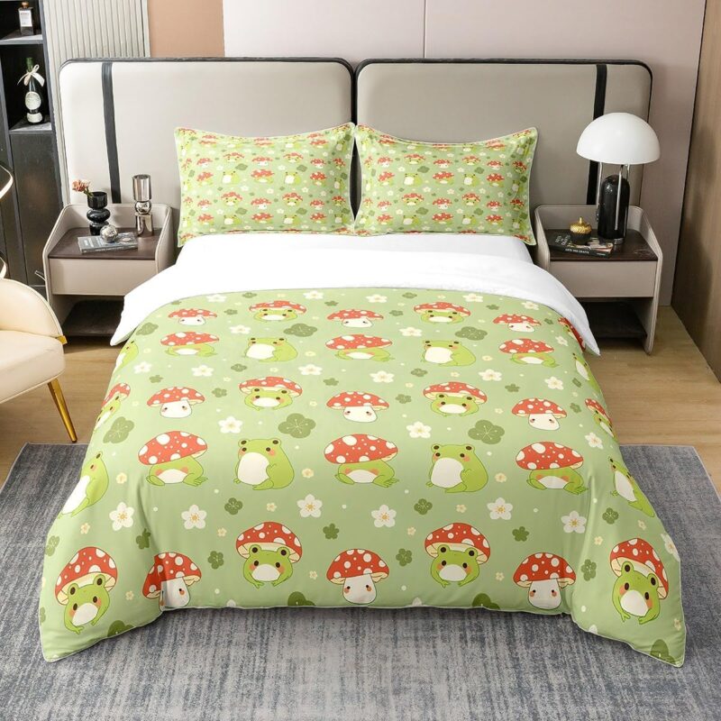 Feelyou Kawaii Mushroom 100% Cotton Duvet Cover Queen Size Cute Frog Bedding Set Kids Boys Girls Blossom Flowers Florals Comforter Cover Set Cartoon Farm Animal Bedspread Cover（No Comforter