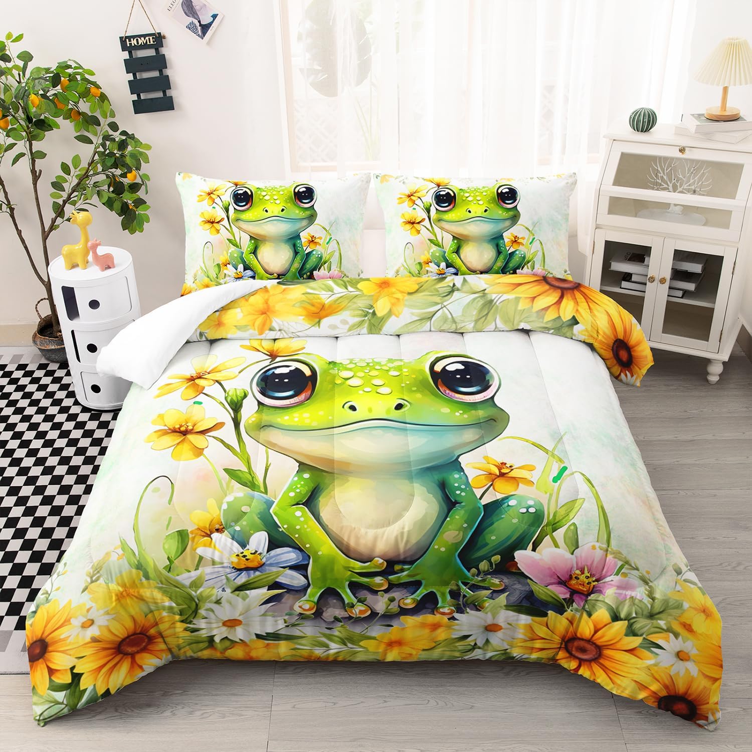 81boc9uUKtL._AC_SL1500_.jpg AILONEN Green Frog Comforter Set Queen Size, Cute Cartoon Frog Bedding Set for Kids Boys Girls,Beautiful Sunflower Duvet Set,Kawaii Tree Frog Bed in a Bag,3 Pieces,1 Quilt 2 Pillowcase