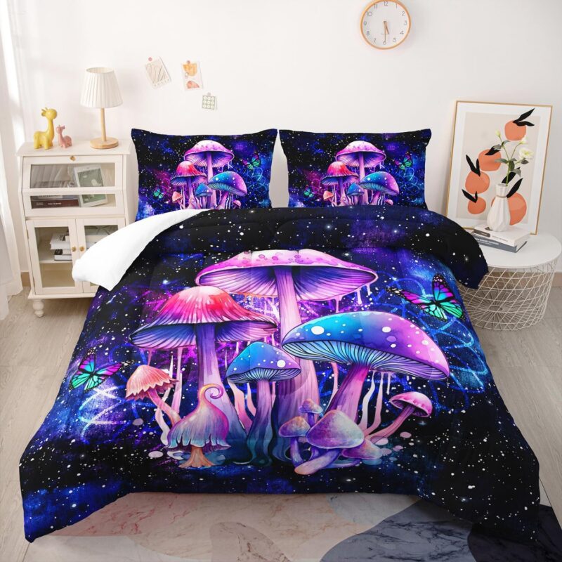 Fantasy Mushrooms Comforter Set King,Galaxy Fantasy 3 Pieces Bedding Set for Teens Kids,Violet Down Alternative Bed Comforters Bedding Sets for All Season