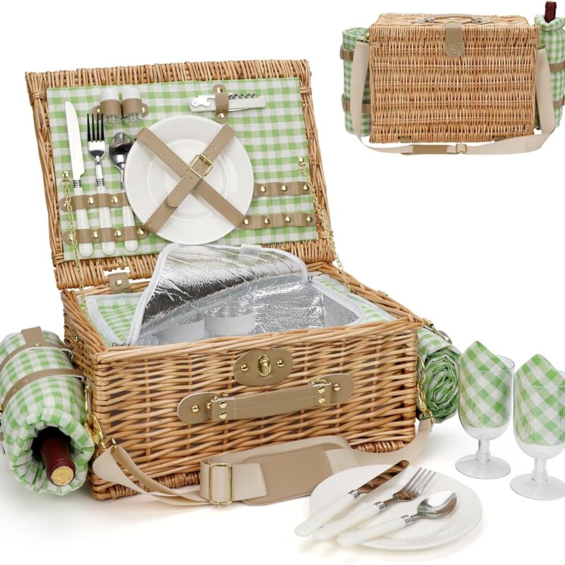Picnic Basket for 2, Insulated Willow Picnic Baskets with Shoulder Strap, Picnic Hamper with Waterproof Picnic Blanket, Handmade Wicker Hamper for Outdoor Camping, Green Check