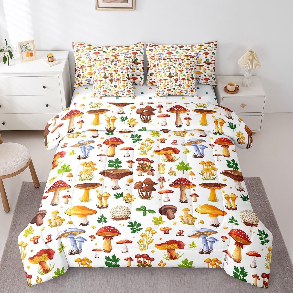 81eD9H2-3EL._AC_SL1200_.jpg Feelyou Kids Cute Mushroom Decor Comforter Set with Sheets 7 Piece Cartoon Mushrooms Bedding Set Full Size for Boys Girls Teens Kawaii Fungus Bed in a Bag Wild Mushroom Stuff Bed Set - Image 3