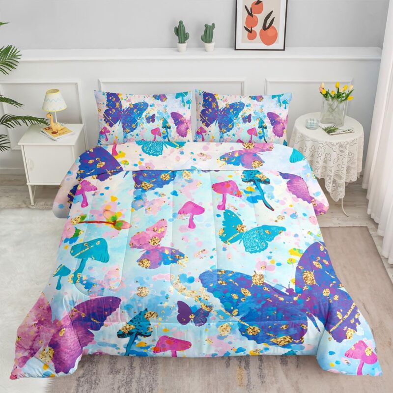 Kids Comforter Set Colorful Butterfly Mushrooms Printed Pattern Bedding Set with 1 Comforter and 2 Pillowcases for Girls Boys Bedroom All Season(Butterfly Mushrooms Queen)