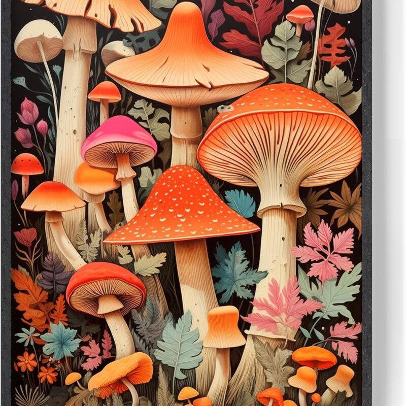 Funky Mushrooms Art Print Framed Printing Wall Art Decor for Bedroom Bathroom Living Room 24x32 Inches