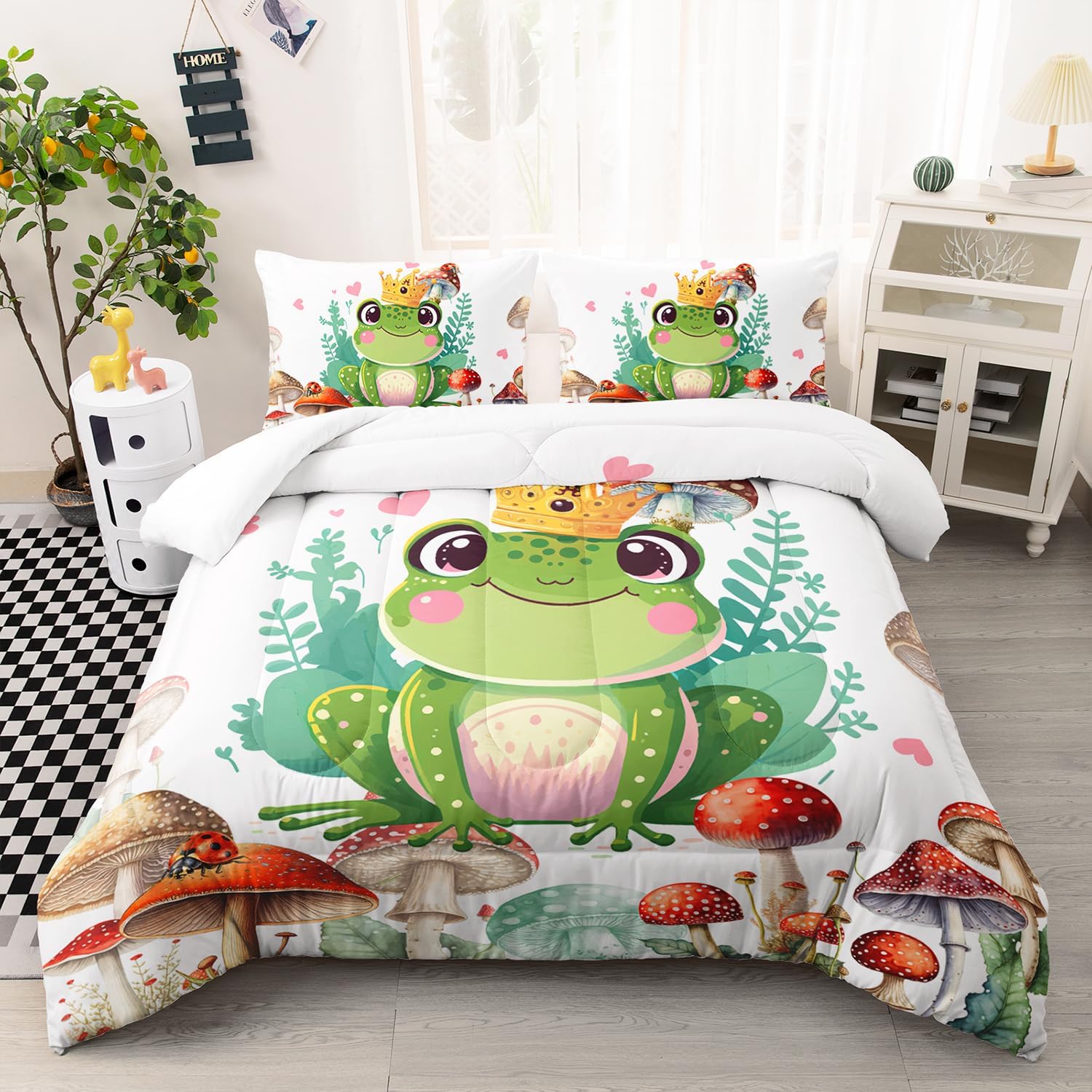81fF-JT64L._AC_SL1500_.jpg AILONEN Frog Comforter Set,Frog Mushrooms Comforter Bed in a Bag Bedding Set Twin Size for Teen Boys Kids Girls,Kawaii Amphibious Animal Duvet Set,3 Pieces,1 Comforter + 2 Pillow Shams