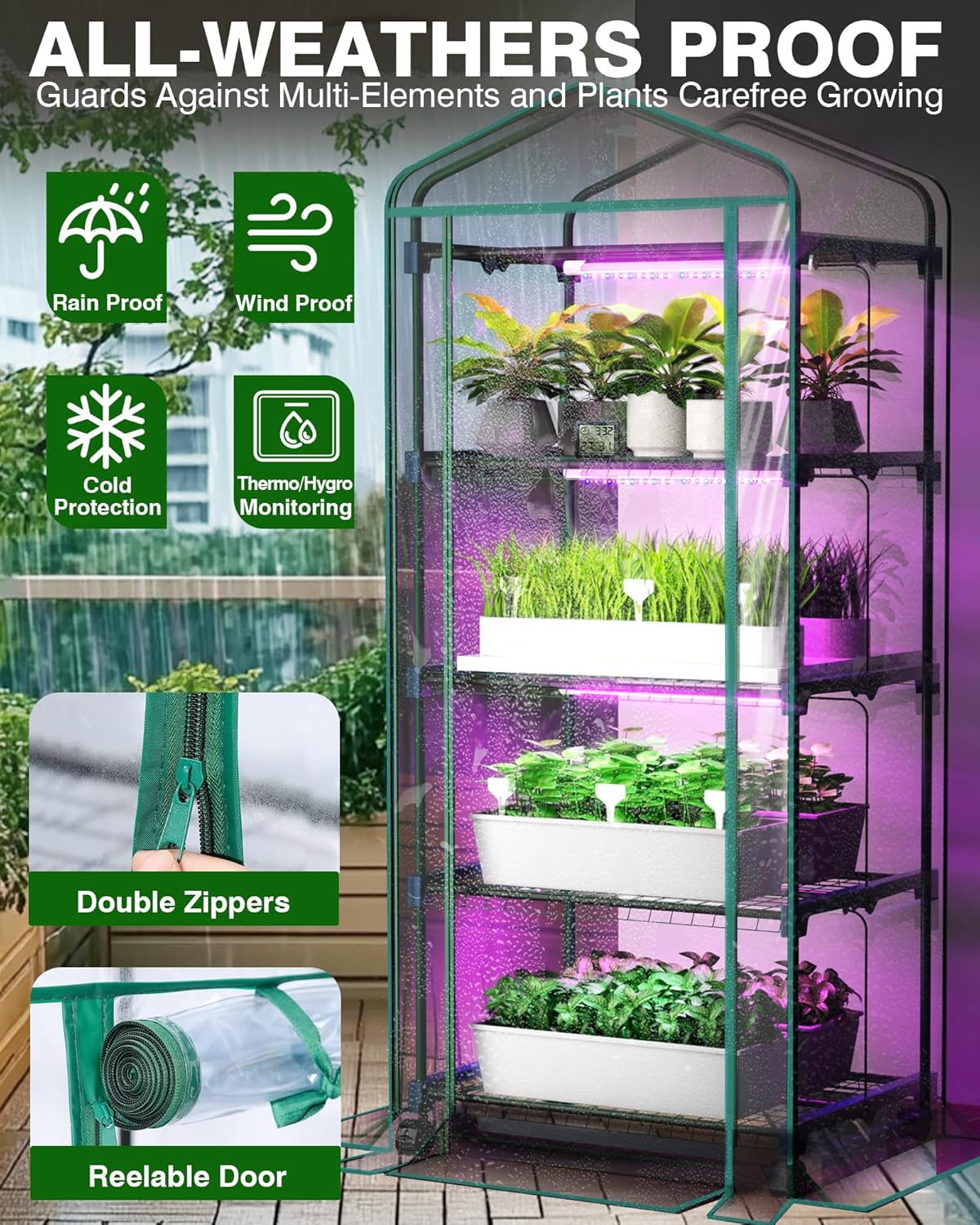 81gtpM0tA2L._AC_SL1500_.jpg PYY Mini Indoor Greenhouse with Grow Light - Small Portable Outdoor Plant Green House Cabinet with Wheels, Thermometer, PVC Tent Cover, 4 Dimmable 3 Color 2FT 36W LED Kit, 4 Tier Gardening Shelves - Image 2