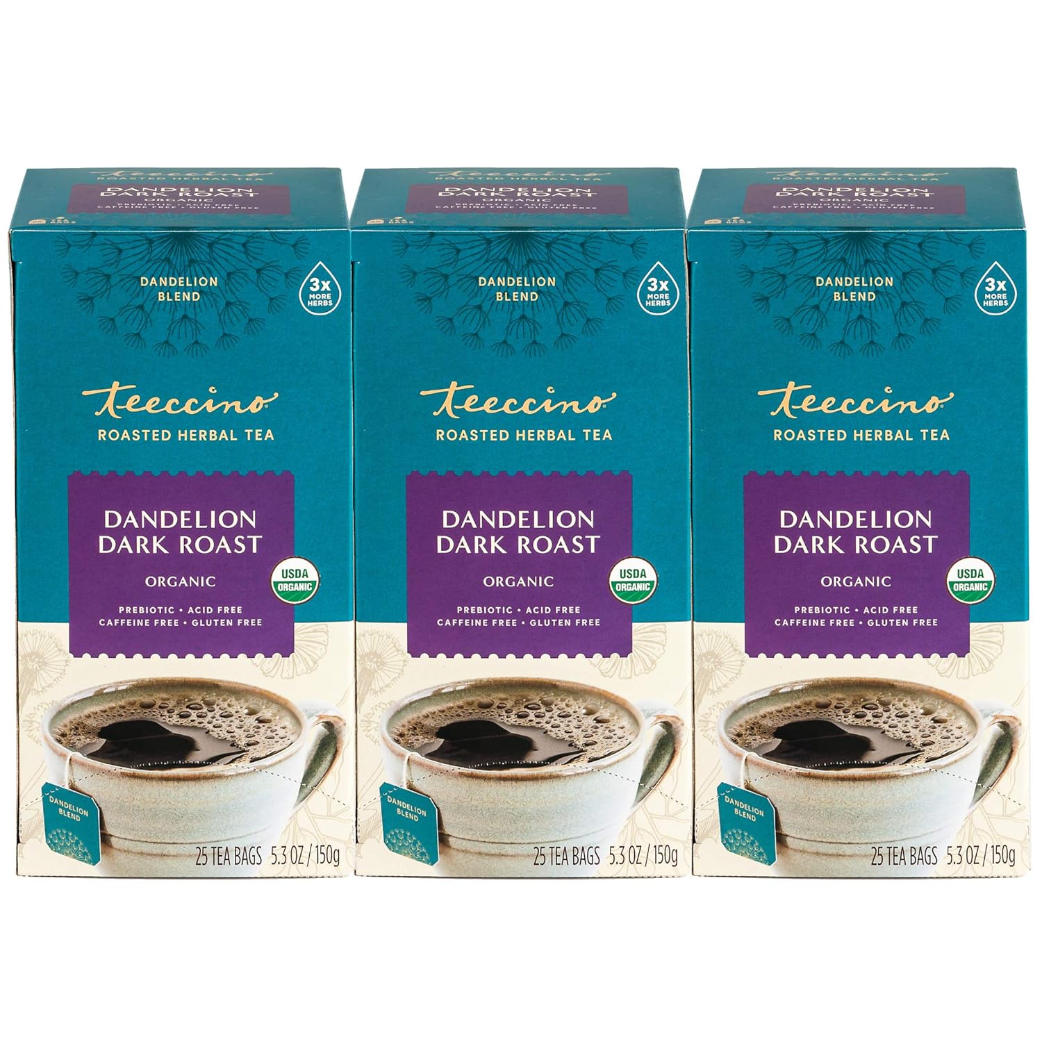 81i9bwrfyzL._SL1500_.jpg Teeccino Dark Roast Dandelion Tea - Rich & Roasted Herbal Tea That’s Caffeine Free & Prebiotic with Detoxifying Dandelion Root, 25 Tea Bags (Pack of 3)