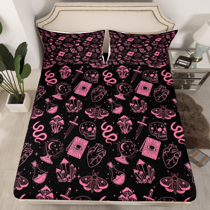 Halloween Skull Bedding Set Queen Size,Gothic Pink Moth Mushroom Skeleton Fitted Sheet,Hippie Art Girly Stars Galaxy Mattress Protector with 2 Pillowcases,All Round Elastic Deep Pocket