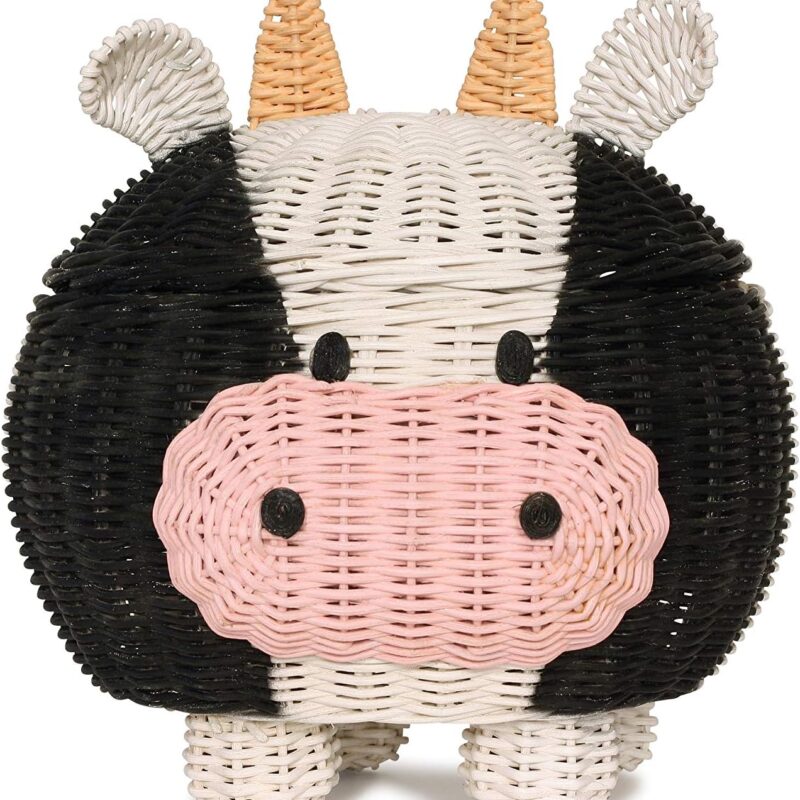 Cow Rattan Storage Basket With Lid Decorative Bin Home Decor Hand Woven Shelf Organizer Cute Handmade Handcrafted Nursery Gift Animal Decoration Artwork Wicker Cow
