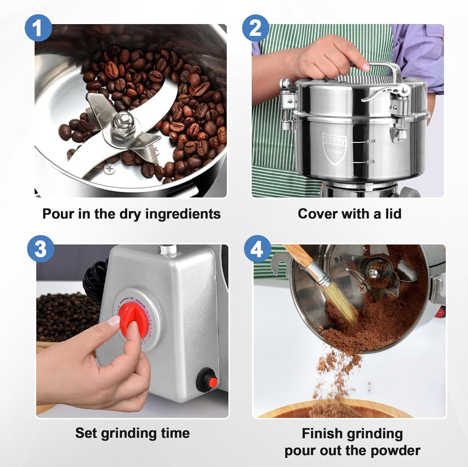 81l4M5yxRbL._AC_SL1500_.jpg 1000g Electric Grain Mill Grinder, 304 Stainless Steel Flour Mill, 3000W High Speed Spice Grinder, Electric Grain Mill for Dry Wheat, Oats, Corn, Pepper and Coffee Beans - Image 5