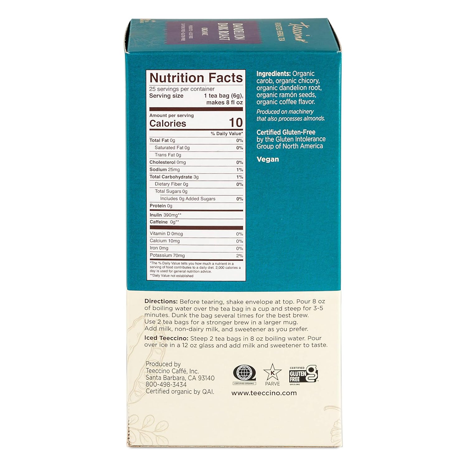 81m95beIb1L._SL1500_.jpg Teeccino Dark Roast Dandelion Tea - Rich & Roasted Herbal Tea That’s Caffeine Free & Prebiotic with Detoxifying Dandelion Root, 25 Tea Bags (Pack of 3) - Image 2