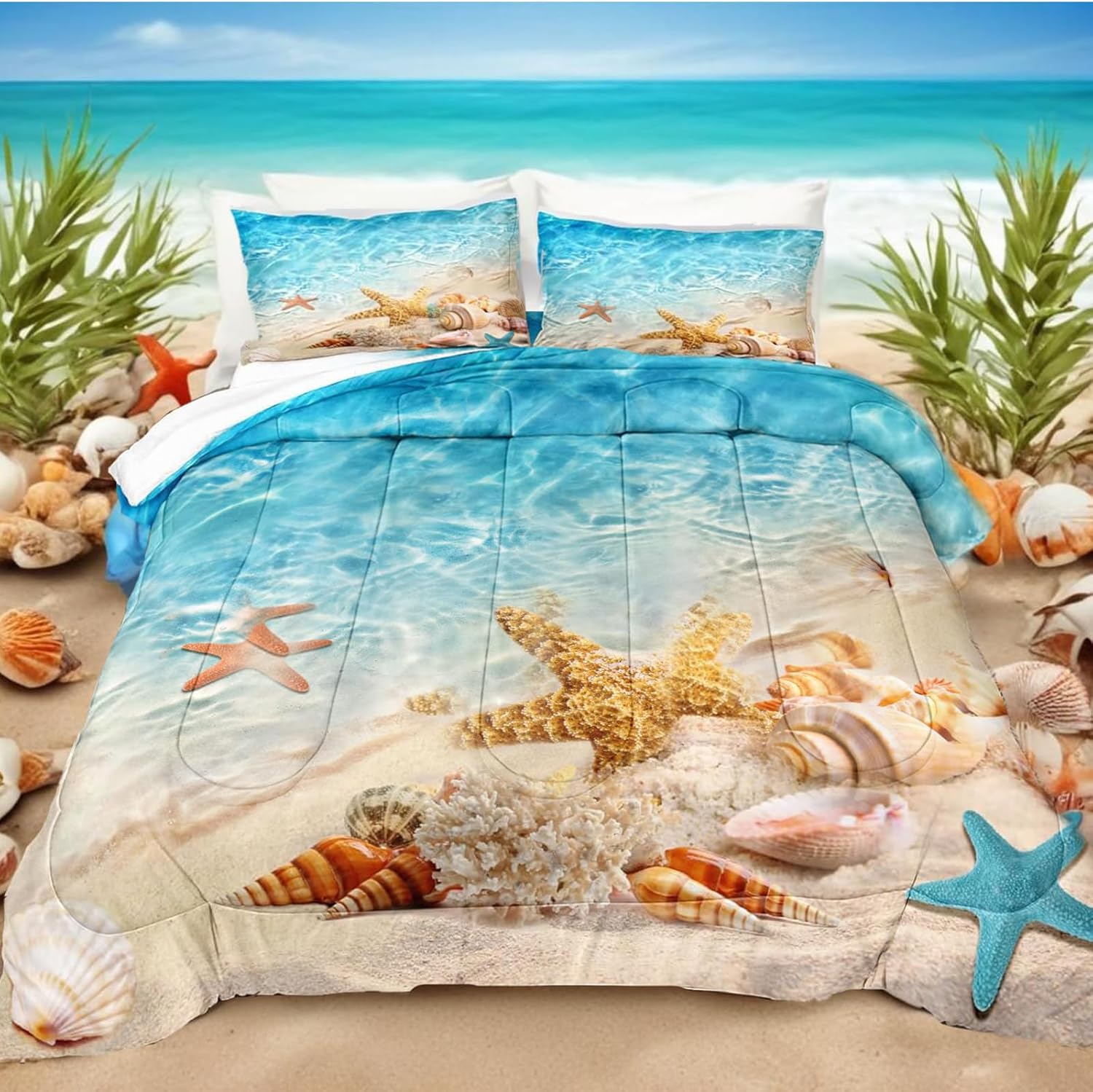 81nU-SBPn8L._AC_SL1500_.jpg Bedbay Beach Theme Comforter Set Queen Size Coastal Bedding Comforter Set Marine Life Turquoise Ocean Starfish Comforter Queen Bedding Quilt Set Soft Microfiber 3 Pcs(Aqua,Queen)