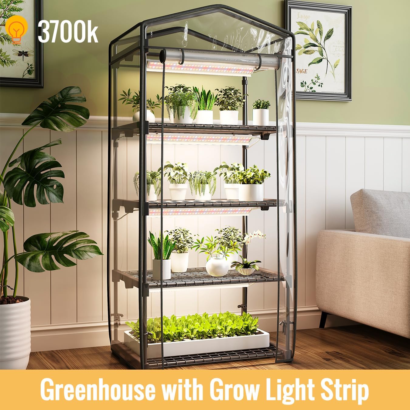 81oseIyyRjL._AC_SL1350_.jpg Mini Indoor Greenhouse with Grow Light - 4 Tier Outdoor Portable Greenhouse with Shelves, Waterproof PVC Cover and 4 Dimmable 1.6FT 20W Grow Lights, 26.4"(L) X 19"(W) X 61"(H) - Image 2