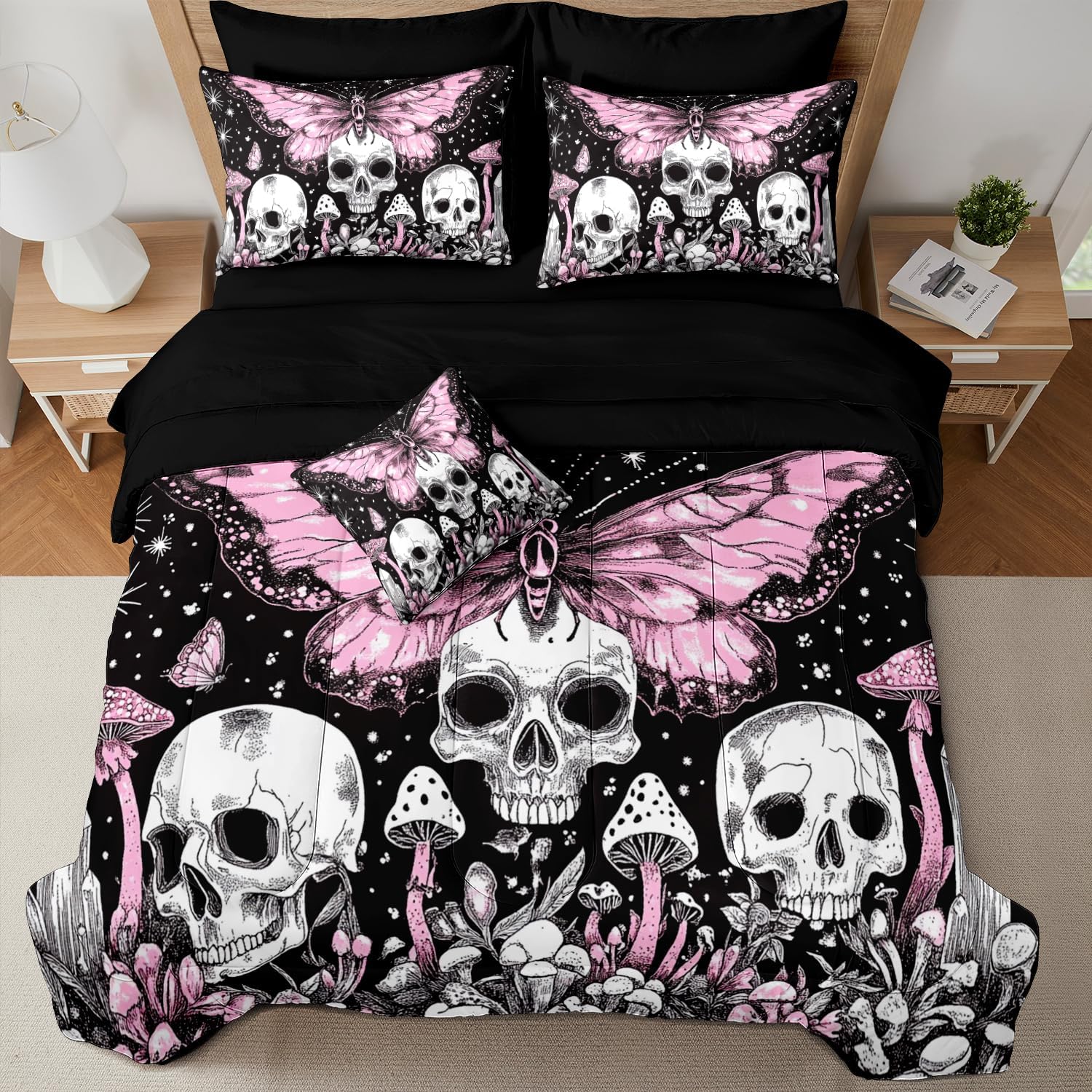 81p325wTdVL._AC_SL1500_.jpg MUGINYU Sugar Skull Comforter Set Queen Size Pink Mushroom 8 Pieces Bed in a Bag Gothic Starry Butterfly Bedding Set with 1 Comforter, 4 Pillowcases, 1 Flat Sheet, 1 Fitted Sheet, 1 Cushion Cover