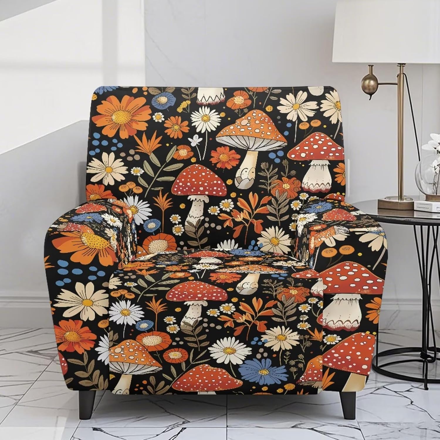 81pNDld02fL._AC_SL1500_.jpg Mushroom Daisy Pattern Recliner Chair Covers with Arms, Washable Lazy Boy Recliner Covers Polyester Chair Covers for Living Room Home Decor Accessories - Image 2