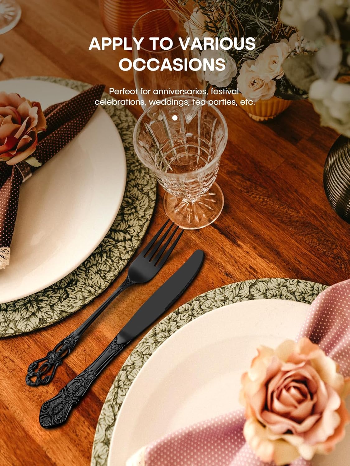 81q8DmmpZYL._AC_SL1500_.jpg Stapava 48 Pcs Black Silverware Set with Steak Knives, Gorgeous Retro Royal Silverware Set for 8, Stainless Steel Mirror Flatware Cutlery Set, Include Forks Spoons and Knives set, Dishwasher Safe - Image 4