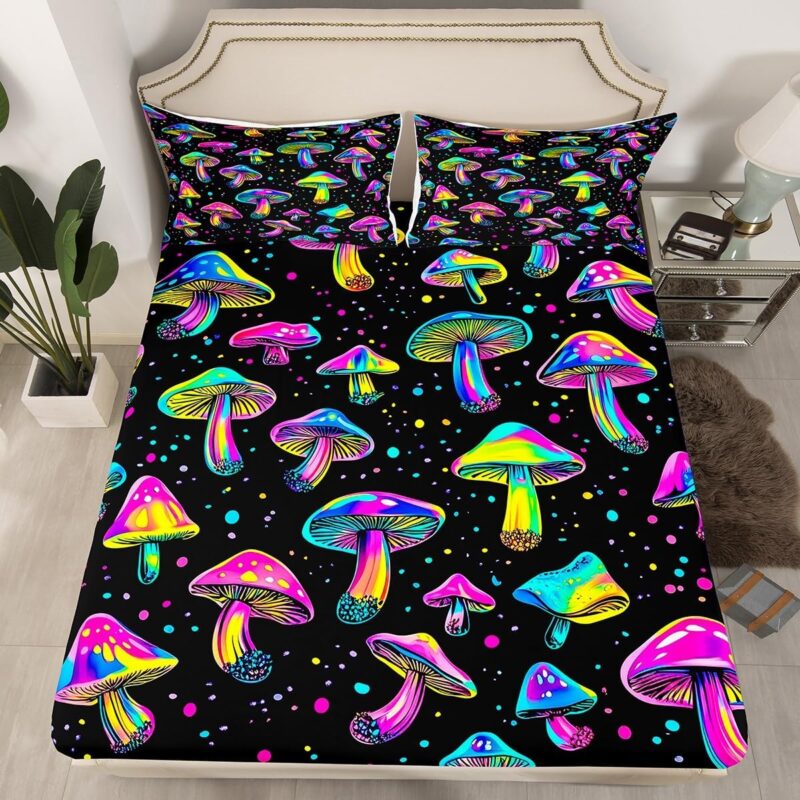 Feelyou Cute Mushroom Decor Bed Sheet Set Queen Size Kawaii Fungus Fitted Sheet for Women Men Ultra Soft Colorful Mushroom Bedding Set Botanical Theme Bed Cover Room Decor Wild Mushroom Bedclothes