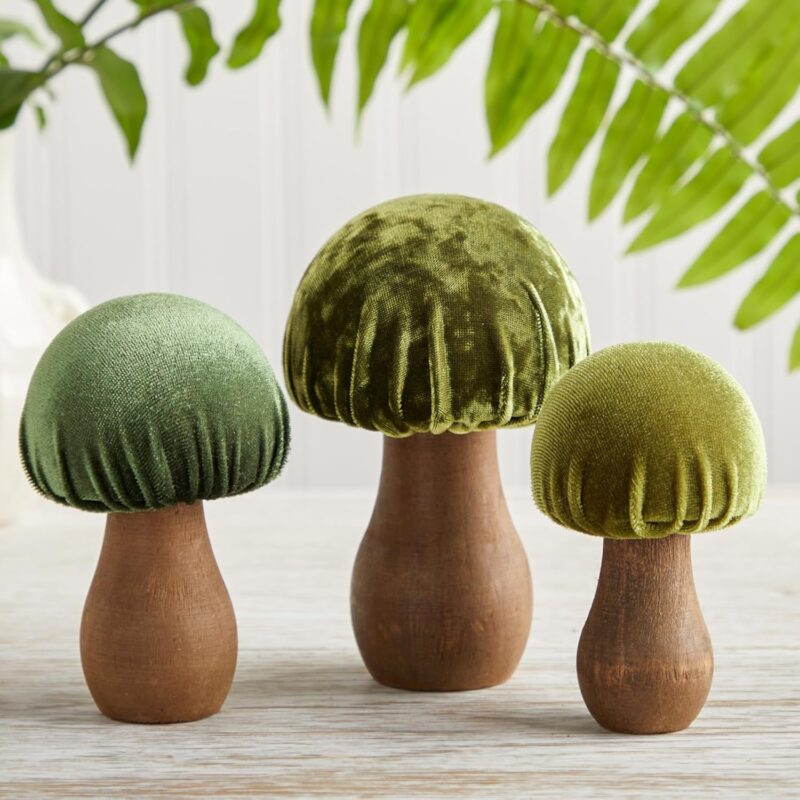 Velvet Mushrooms Set of 3, woodland-themed décor, delightful mushroom accent, mantel decor, cozy cottage, gift for nature lover (Green)
