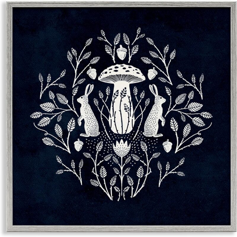 Stupell Industries Botanical Rabbits & Mushroom Framed Giclee Wall Art Design by Katie O'Shea, Gray Framed, 17 x 17