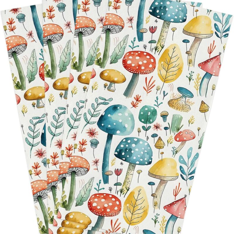 Farmhouse Colorful Mushroom Dish Towels for Kitchen, Hand Towel Cleaning Cloths Cartoon Theme Doodle Lines Absorbent Fast Drying Dish Rags, Nature Plant Bathroom Cloth Set of 4 with Hanging Loop