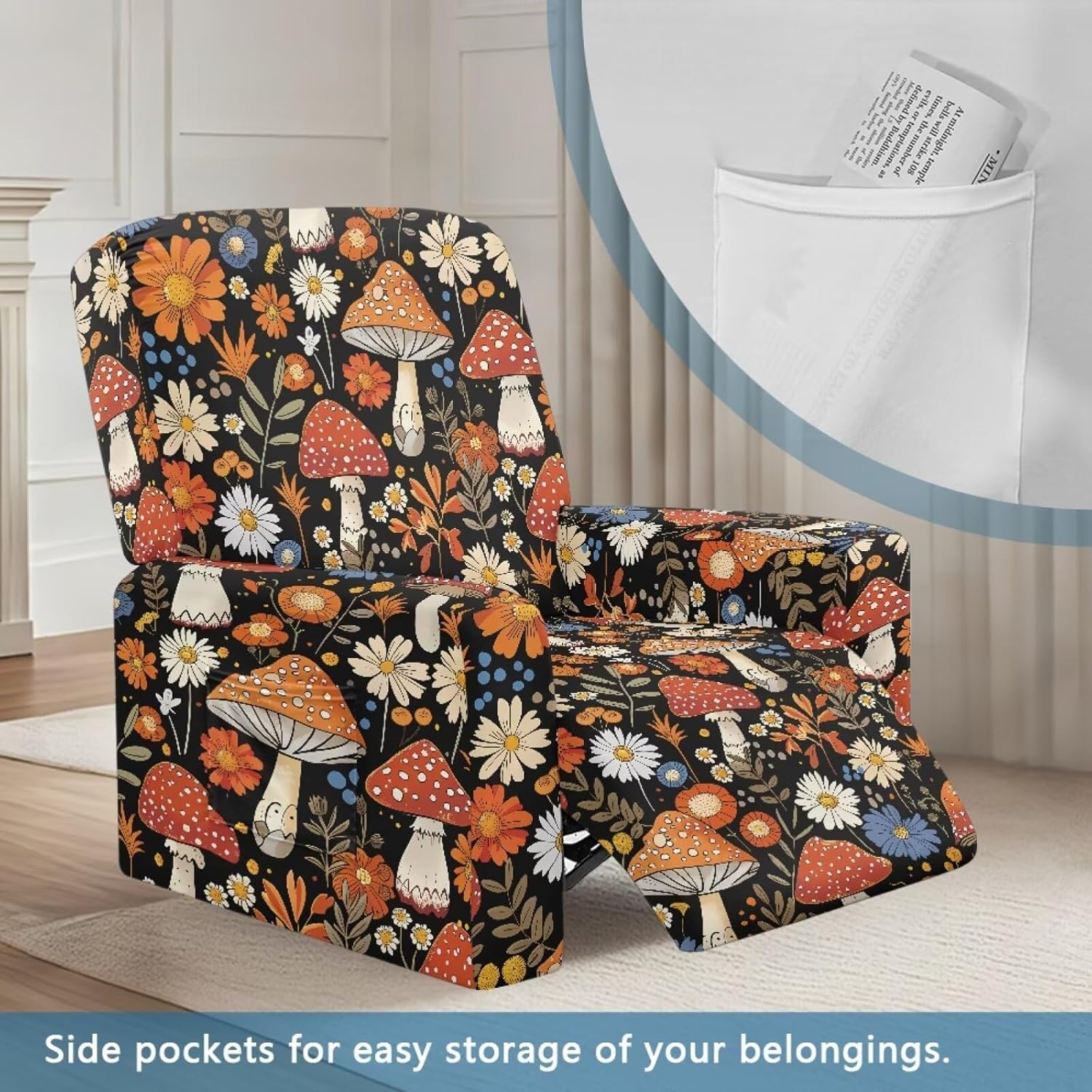 81sGMs7G1nL._AC_SL1500_.jpg Mushroom Daisy Pattern Recliner Chair Covers with Arms, Washable Lazy Boy Recliner Covers Polyester Chair Covers for Living Room Home Decor Accessories - Image 8