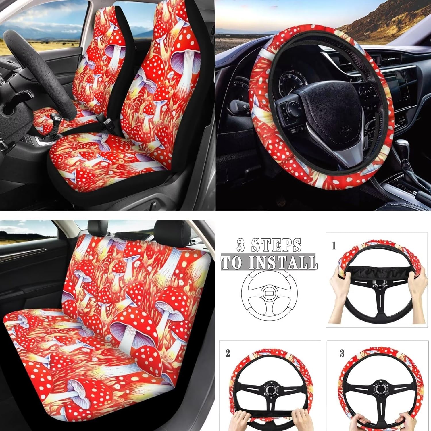 81siVrB5JL._AC_SL1500_.jpg Cartoon Mushroom Print 10 Set Car Seat Covers Full Set Red Mushrooms Painting Front and Back Seats Protectors Covers Sedan, Truck, SUV, Van, Most Bucket Seats for Women - Image 2