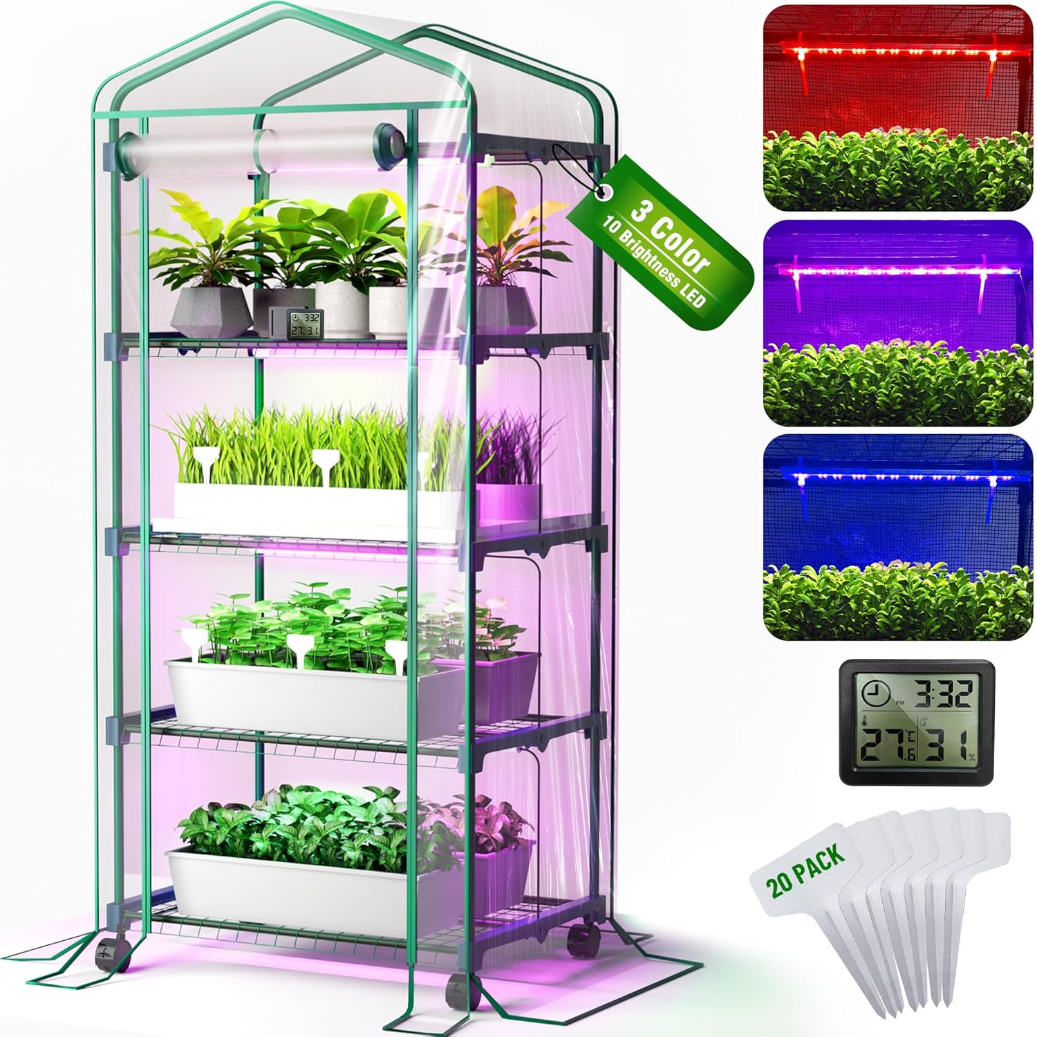 81utp1-ITgL._AC_SL1500_.jpg PYY Mini Indoor Greenhouse with Grow Light - Small Portable Outdoor Plant Green House Cabinet with Wheels, Thermometer, PVC Tent Cover, 4 Dimmable 3 Color 2FT 36W LED Kit, 4 Tier Gardening Shelves