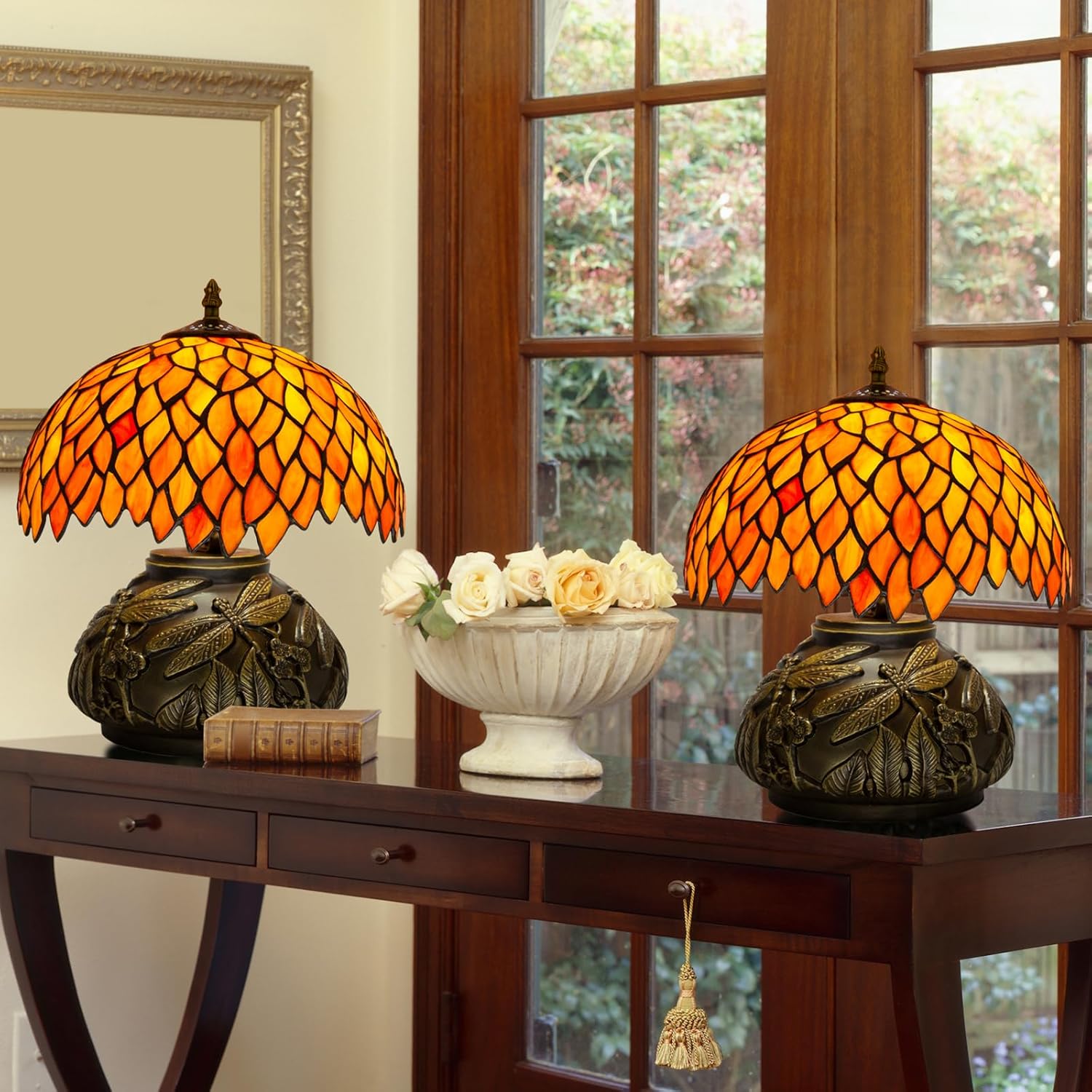 81wQSwgCEAL._AC_SL1500_.jpg Tiffany Table Lamp Orange Wisteria Style Stained Glass Lamp for Bedside,Bedroom,Living Room,12 Inch Small Vintage Mushroom Desk Lights Included E26 LED with Remote Control(Autumn Leaves) - Image 2