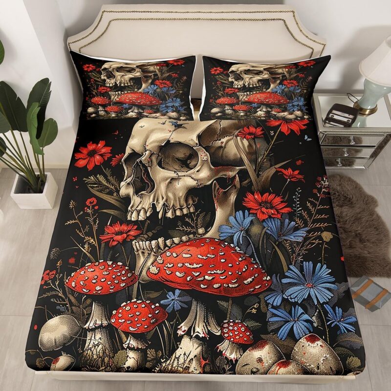 Gothic Mushroom Fitted Sheet Sugar Skull Sheets,Goth Skeleton Bed Sheets Queen,Halloween Bone Bedding Set Exotic Boho Floral Room Decor